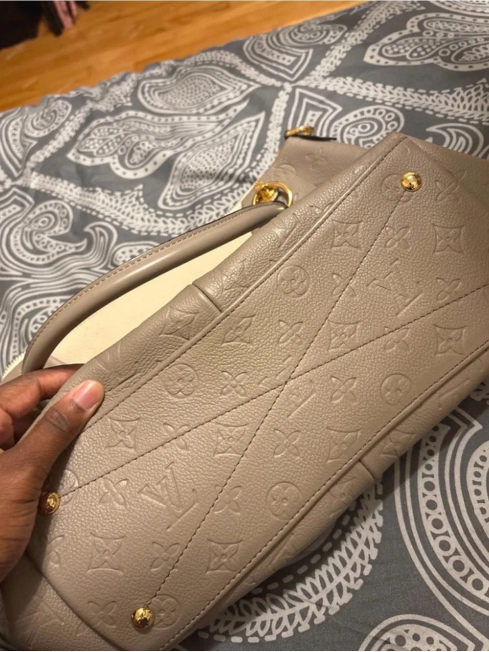 Louis Vuitton Taupe and Cream Embossed Leather Satchel